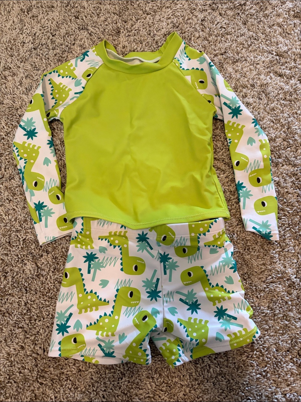 Kids Green Dino Rash Guard Swim Set